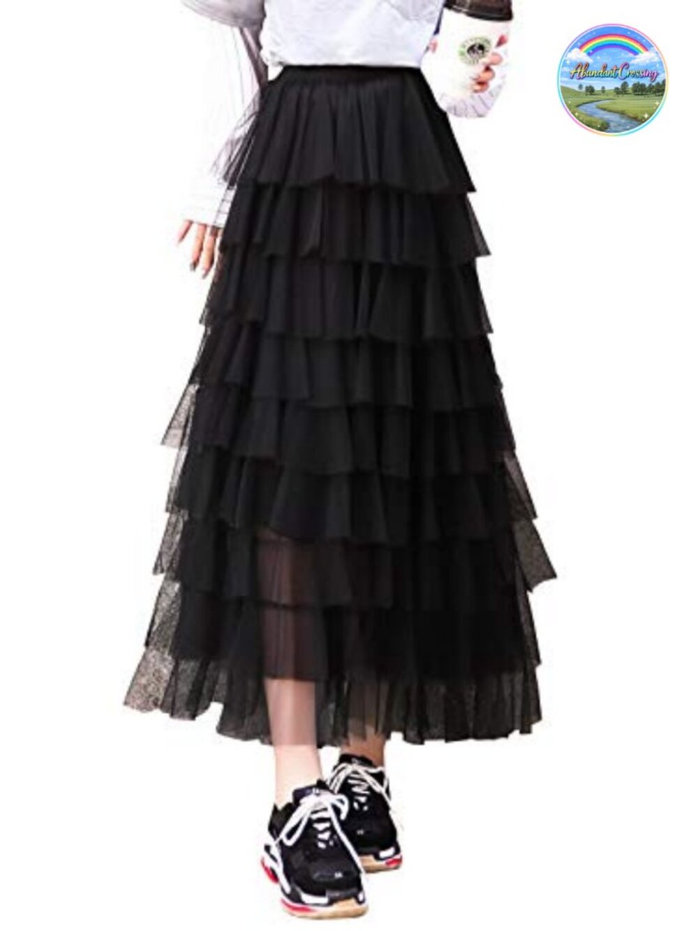 Women's Tulle Layered Ruffles Mesh Tiered Long Skirt Elastic Waist